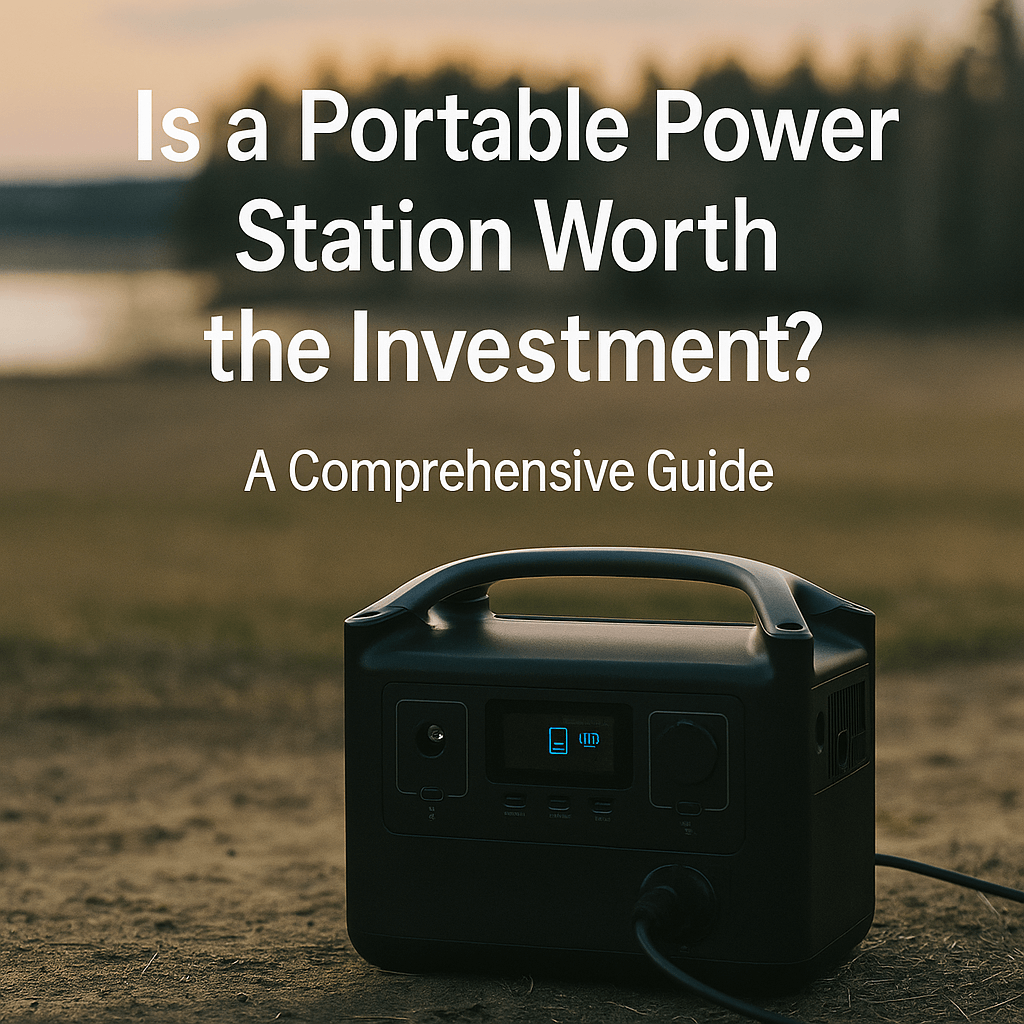 Portable power station on outdoor ground at sunset with the text “Is a Portable Power Station Worth the Investment?” 