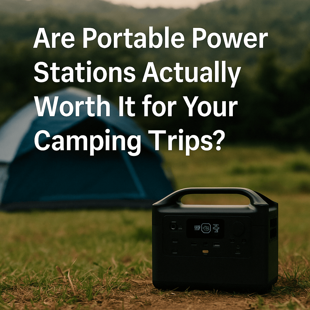 Portable power station on grass with a blue tent in the background, set in a scenic camping area with hills under soft daylight.