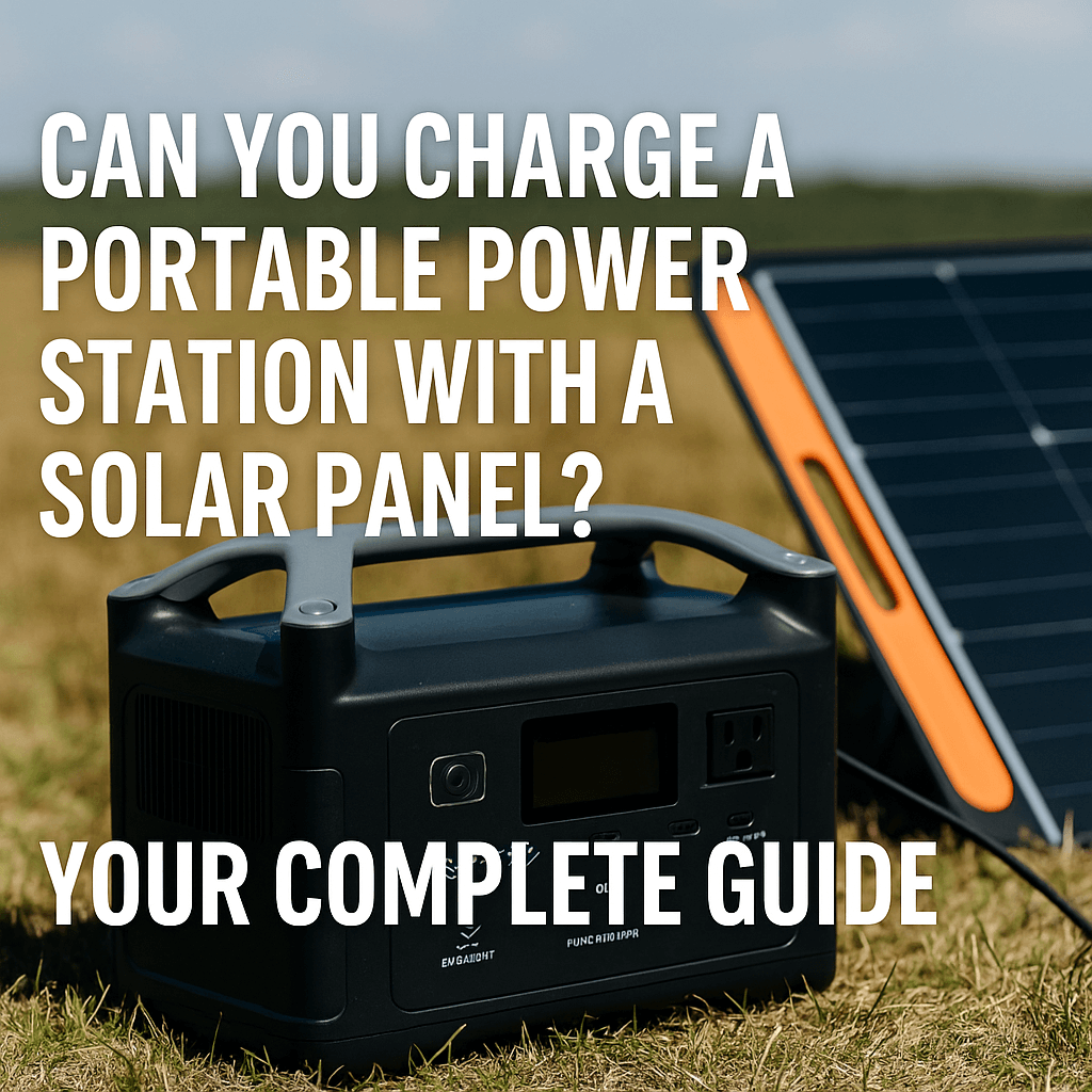 Portable power station connected to a solar panel on grass with bold text overlay reading "Can You Charge a Portable Power Station with a Solar Panel? Your Complete Guide".