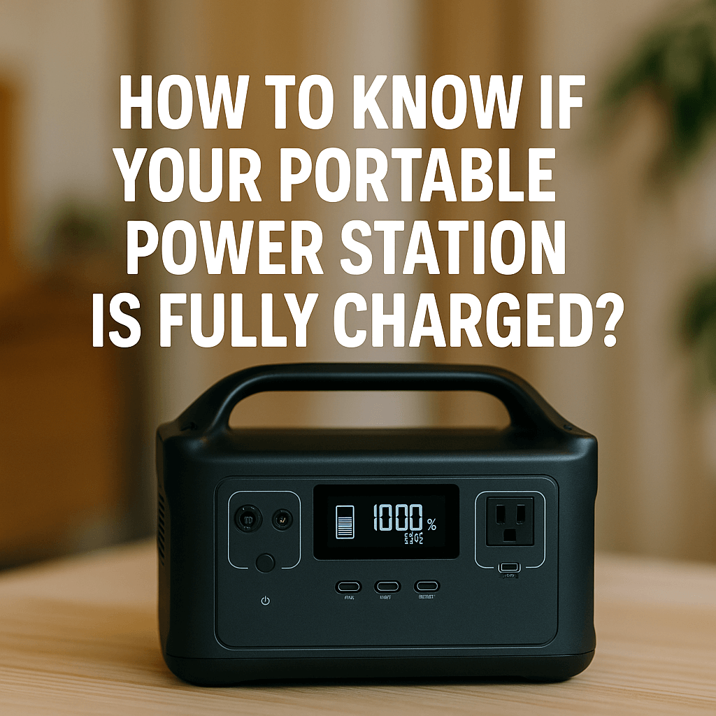 Portable power station on a wooden table showing 100% charge on its LCD screen, with the text "How to Know if Your Portable Power Station is Fully Charged?" displayed above.