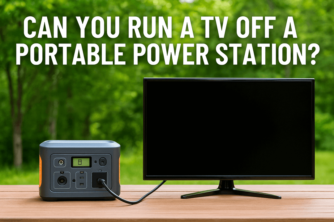 A portable power station connected to a TV on a wooden table outdoors, with green trees in the background.