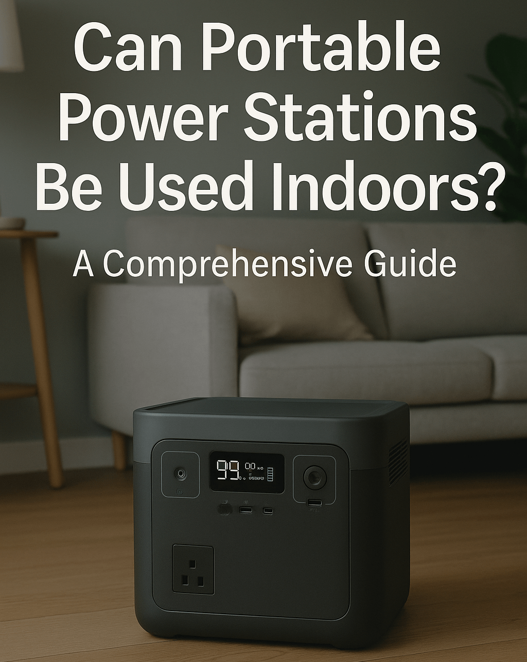 Portable power station on a wooden floor in a cosy living room, with text overlay reading 'Can Portable Power Stations Be Used Indoors? A Comprehensive Guide'