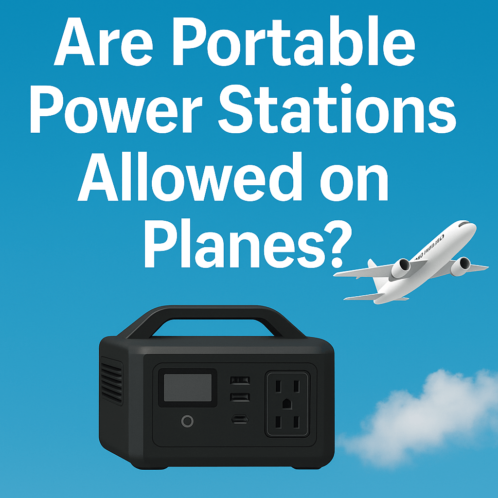 Image of a portable power station and airplane with the text 'Are Portable Power Stations Allowed on Planes?' against a blue sky background.