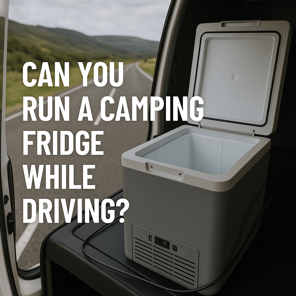 A portable camping fridge sits open inside a white van parked on a scenic highway, with the text “Can you run a camping fridge while driving?”