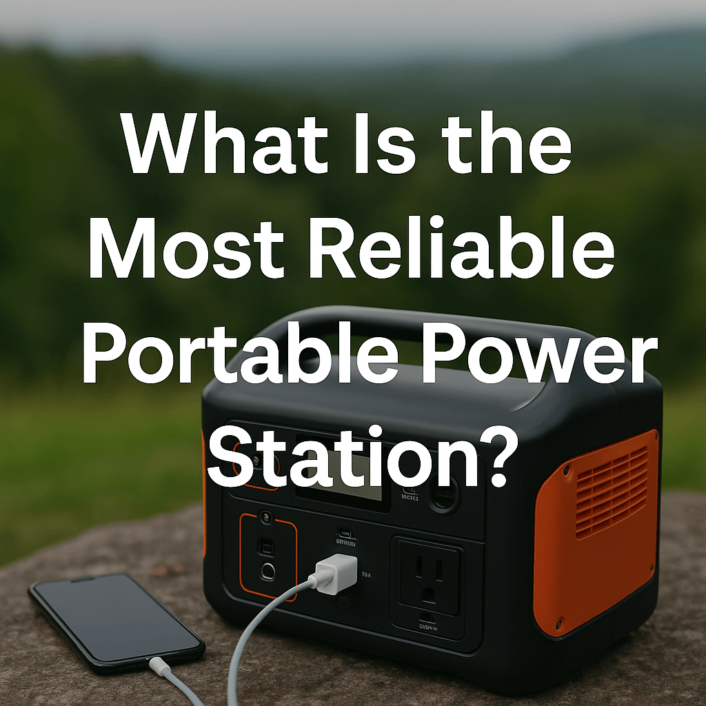 A portable power station with multiple outlets and a phone charging, set on a rock with a scenic forest backdrop and the text “What Is the Most Reliable Portable Power Station?” above.