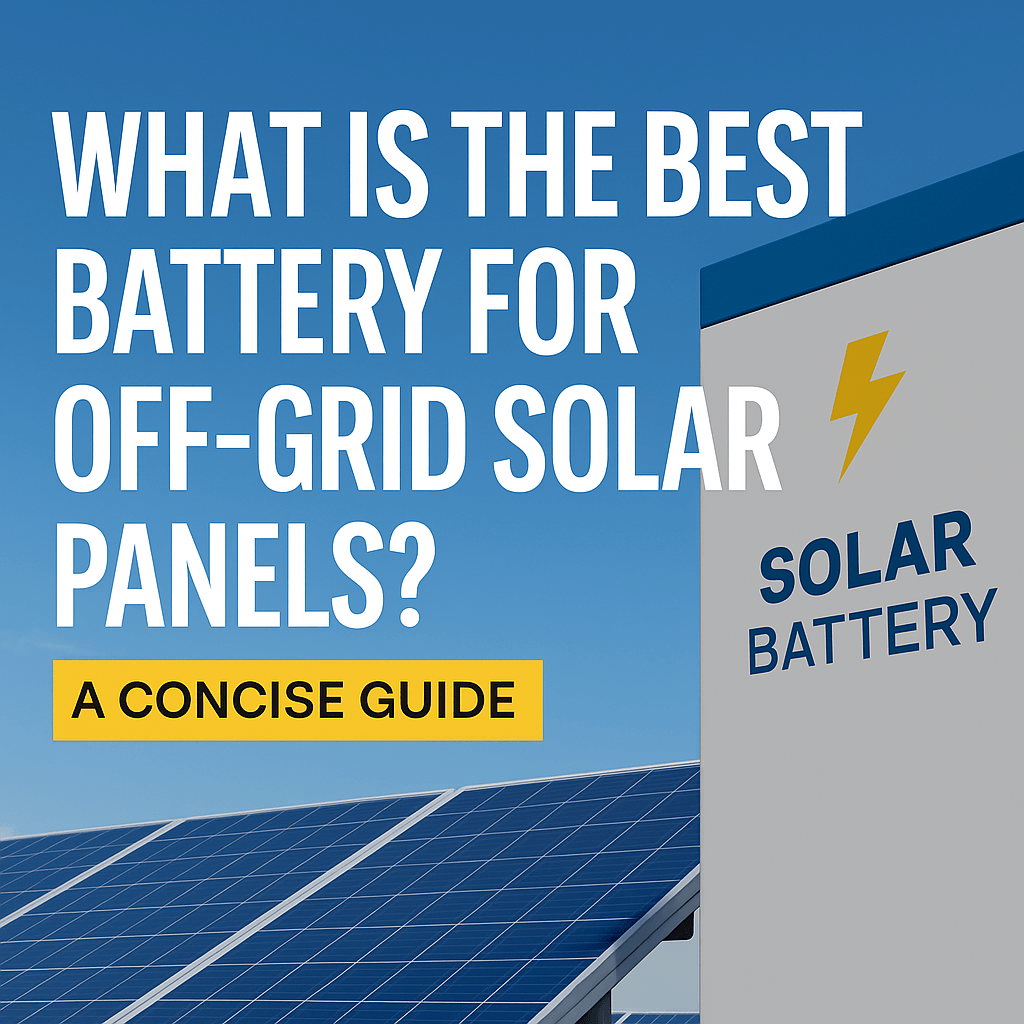 Solar panels with blue sky and a battery unit labeled "Solar Battery" alongside bold text reading "What is the Best Battery for Off-Grid Solar Panels? A Concise Guide"