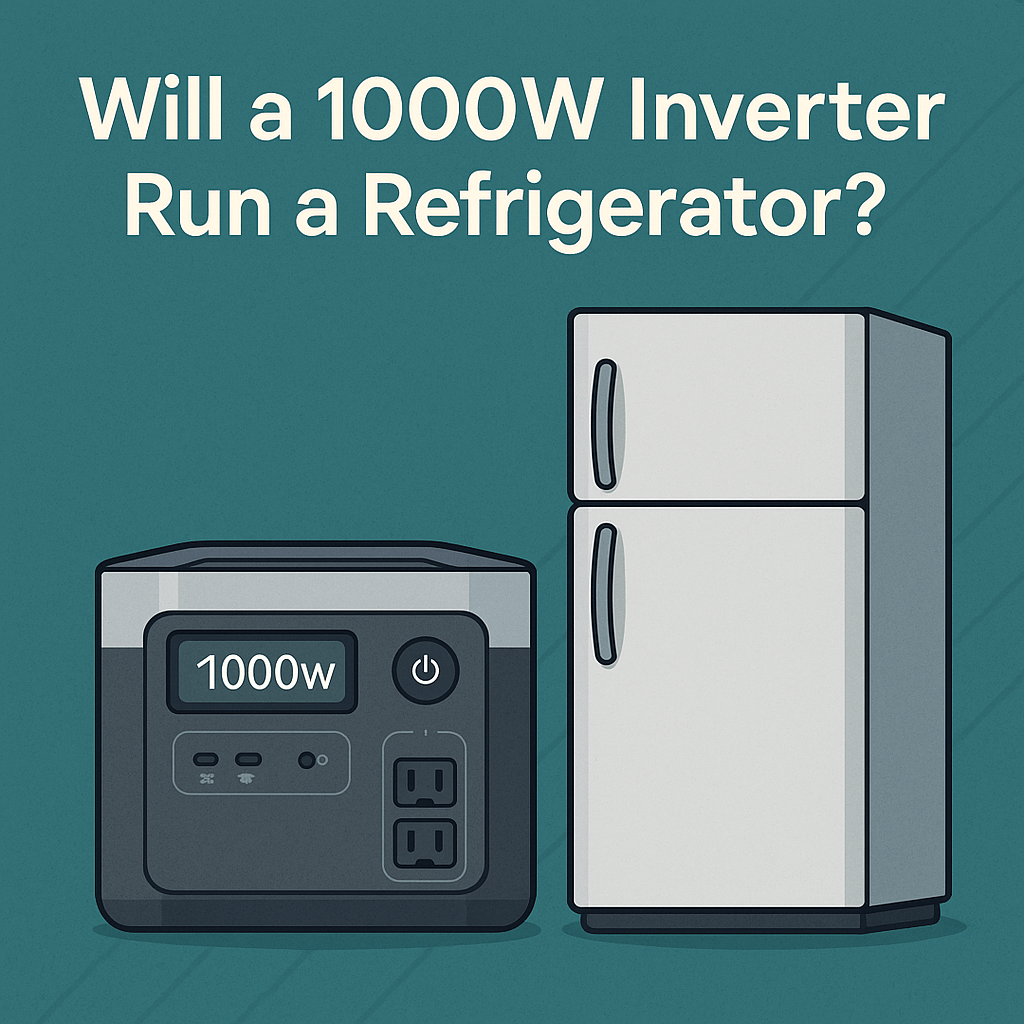 Image  of a 1000W portable power station next to a refrigerator with the text 'Will a 1000W Inverter Run a Refrigerator?' on a teal background.