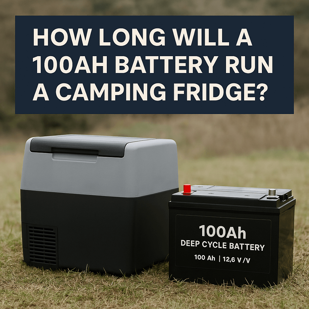 Image of a portable camping fridge and a 100Ah deep cycle battery on grass with the text "How long will a 100Ah battery run a camping fridge?" above them.