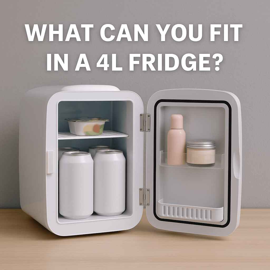 A compact white 4-litre mini fridge on a wooden surface, open to show cans, yogurt, and skincare products, with text that reads "What can you fit in a 4L fridge?"