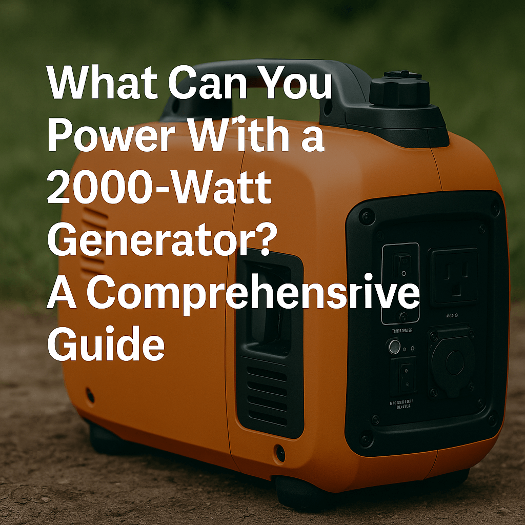 Bright orange 2000-watt portable generator on a dirt path with greenery in the background, overlaid with the title “What Can You Power With a 2000-Watt Generator? A Comprehensive Guide.”