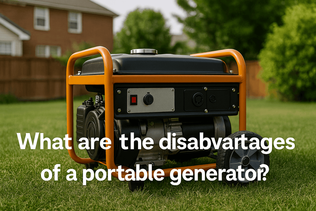 Portable generator on a green lawn with an orange frame, set in a suburban backyard with trees and a red brick house in the background. Text overlay reads “What are the disadvantages of a portable generator?”