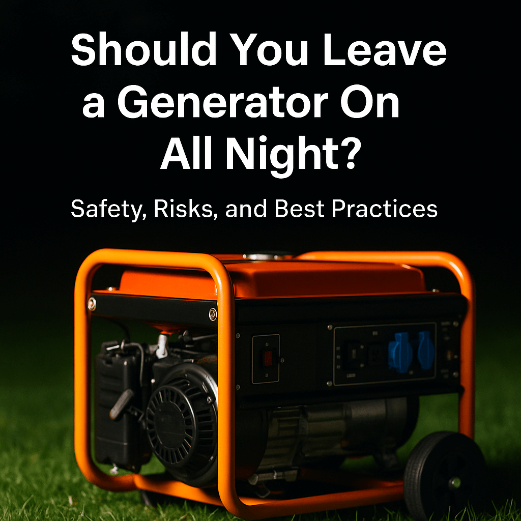 Portable generator on wet grass at night with text overlay: “Should You Leave a Generator On All Night? Safety, Risks, and Best Practices.”