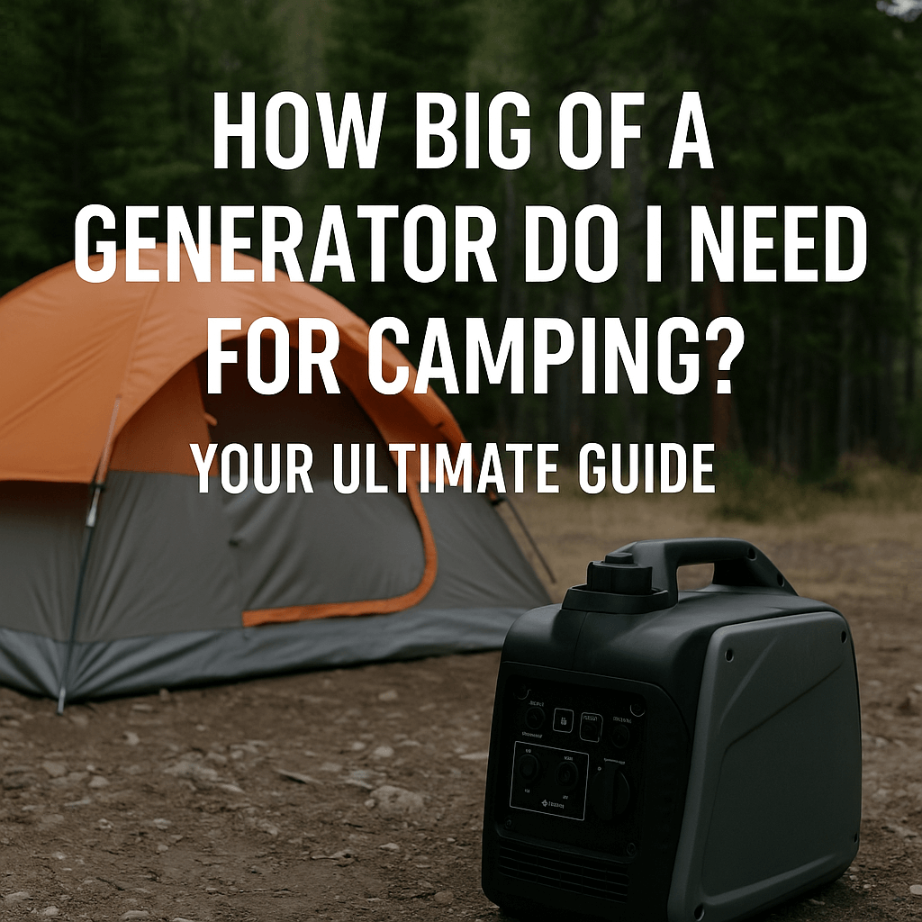 A portable camping generator beside an orange tent in a forest clearing, with overlaid text that reads: "How Big of a Generator Do I Need for Camping? Your Ultimate Guide."