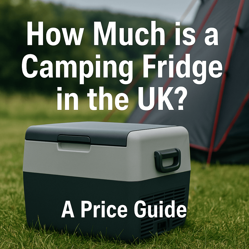 Image with overlaid text features a modern camping fridge on grass next to a tent, with the title “How Much is a Camping Fridge in the UK? A Price Guide” in bold white letters