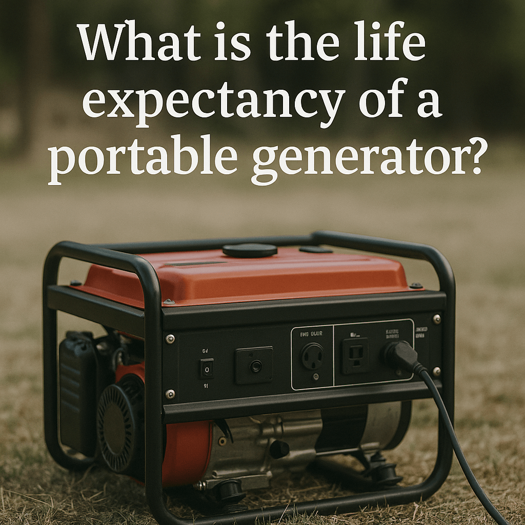 A red and black portable generator on dry grass with the text “What is the life expectancy of a portable generator?” displayed above it.