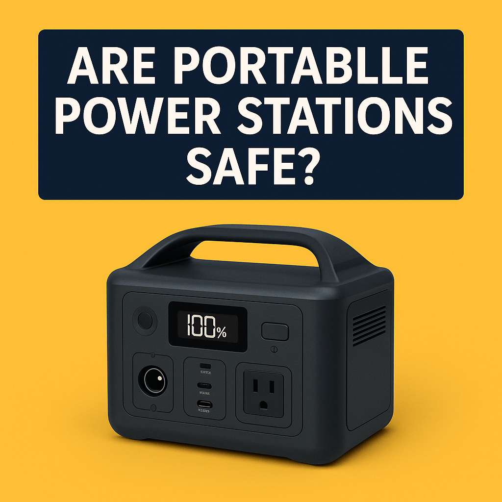 A portable power station with a 100% charge display, set against a bright yellow background. Above the device, bold text in a dark blue box reads “ARE PORTABLE POWER STATIONS SAFE?