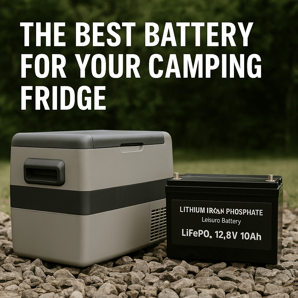 Camping fridge and lithium battery on rocky ground with forest background, text overlay reads: The Best Battery for Your Camping Fridge.