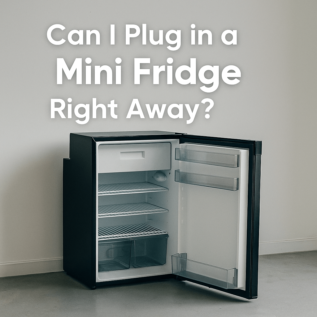 Mini fridge with open door on a clean grey floor, accompanied by the question "Can I Plug in a Mini Fridge Right Away?" in bold white text.