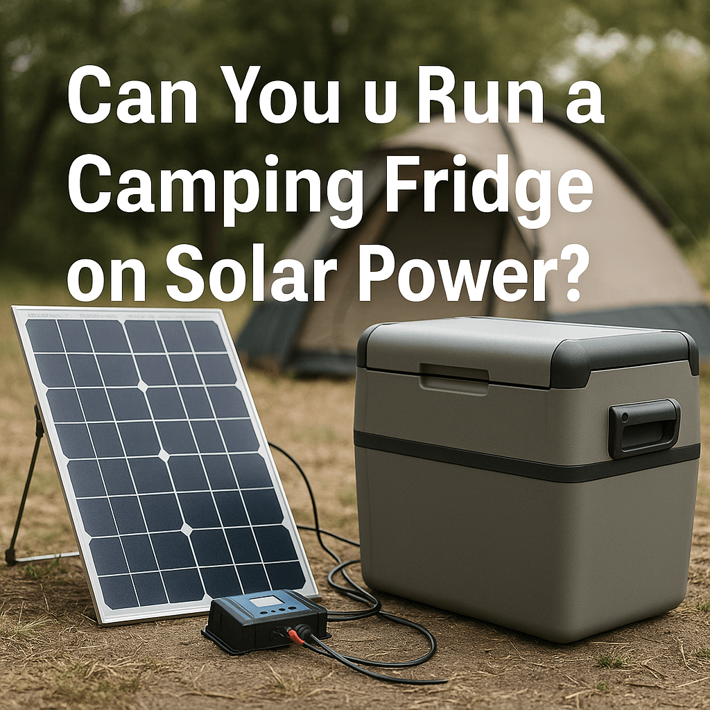 Solar-powered camping fridge setup with solar panel, battery controller, and tent in outdoor setting; text overlay reads "Can You Run a Camping Fridge on Solar Power?"