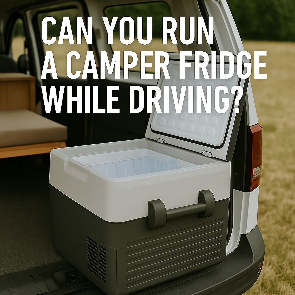 Portable camping fridge in van boot . text overlay reads: “Can you run a camper fridge while driving?