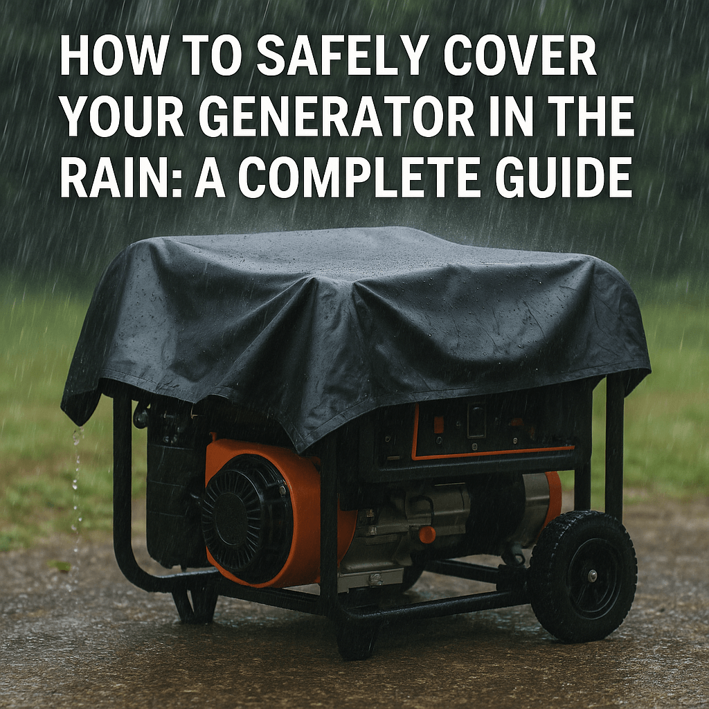 A portable generator covered with a black waterproof tarp during heavy rain, with the text “How to Safely Cover Your Generator in the Rain: A Complete Guide” displayed above.