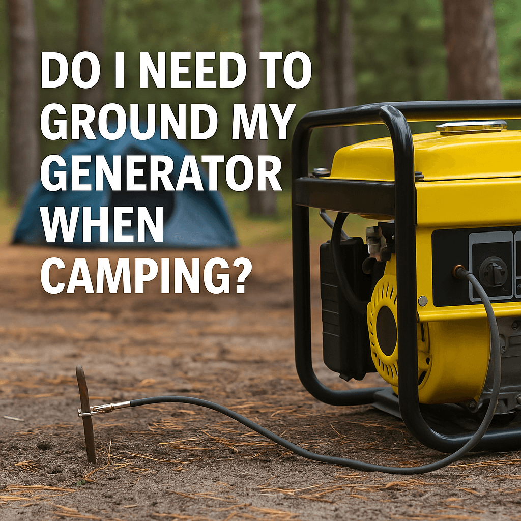 A yellow portable camping generator grounded with a copper rod, set on forest soil near a blue tent, with the text "Do I need to ground my generator when camping?"
