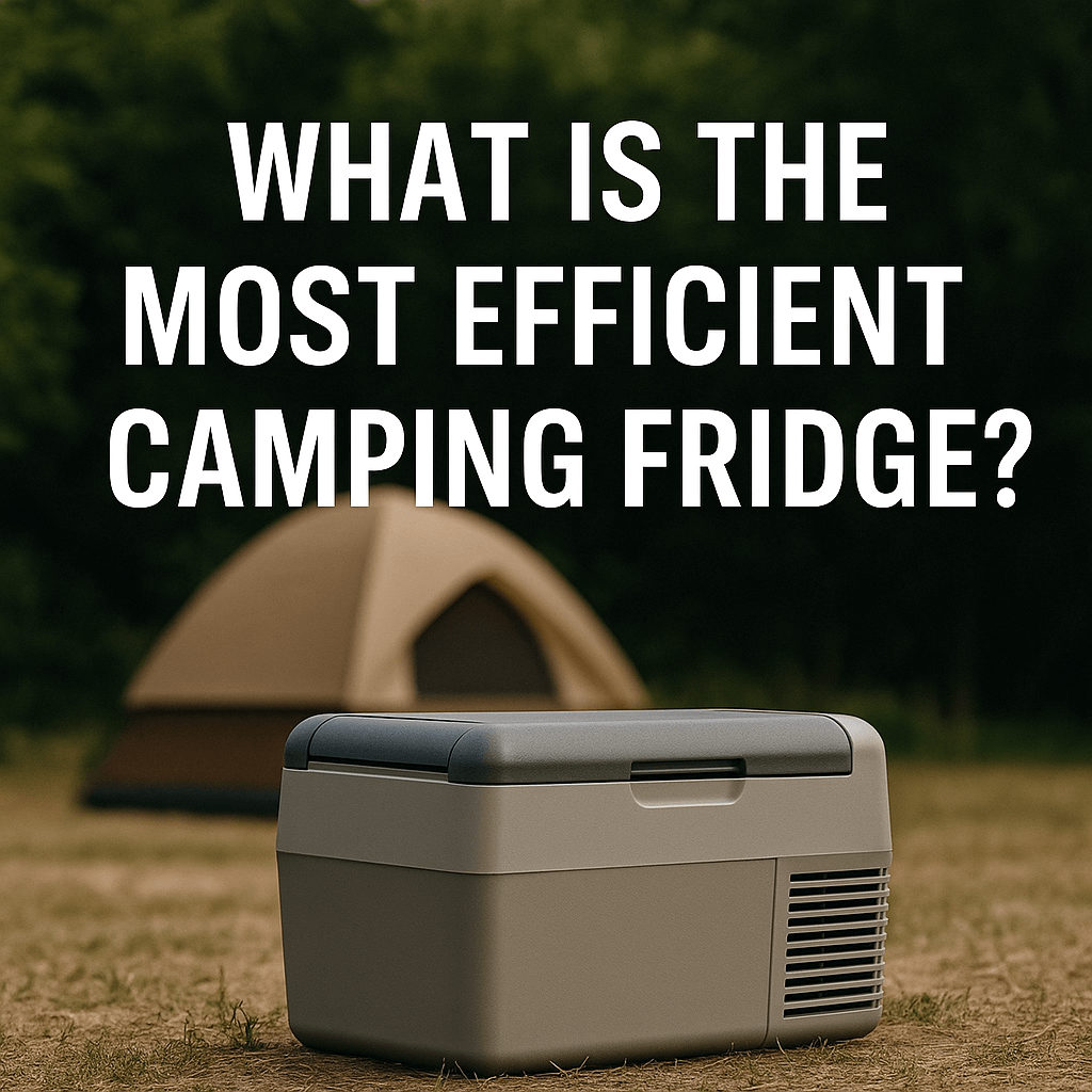  A portable camping fridge on grass in front of a tent, with the text “What is the Most Efficient Camping Fridge?” in bold white letters.