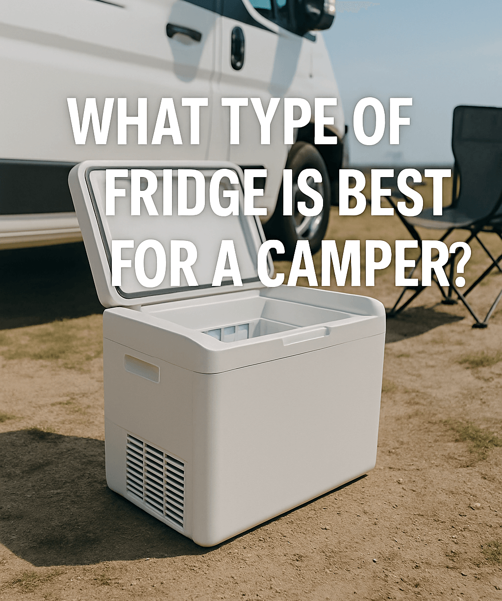 Portable camping fridge open on dry ground beside camper van and chair, with bold text: 'Choosing Your Chill: What Type of Fridge Is Best for a Camper'