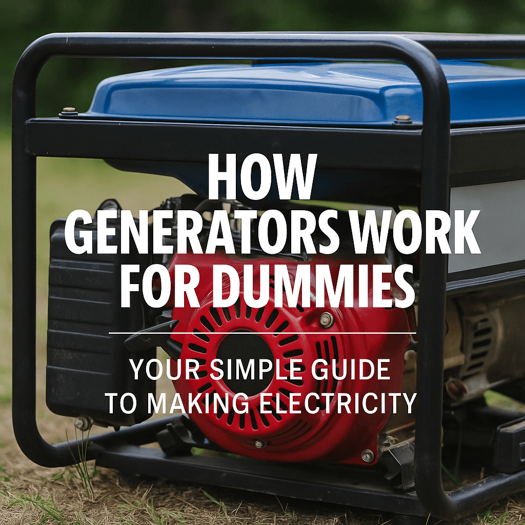 Portable petrol generator outdoors with text overlay reading 'How Generators Work for Dummies – Your Simple Guide to Making Electricity"