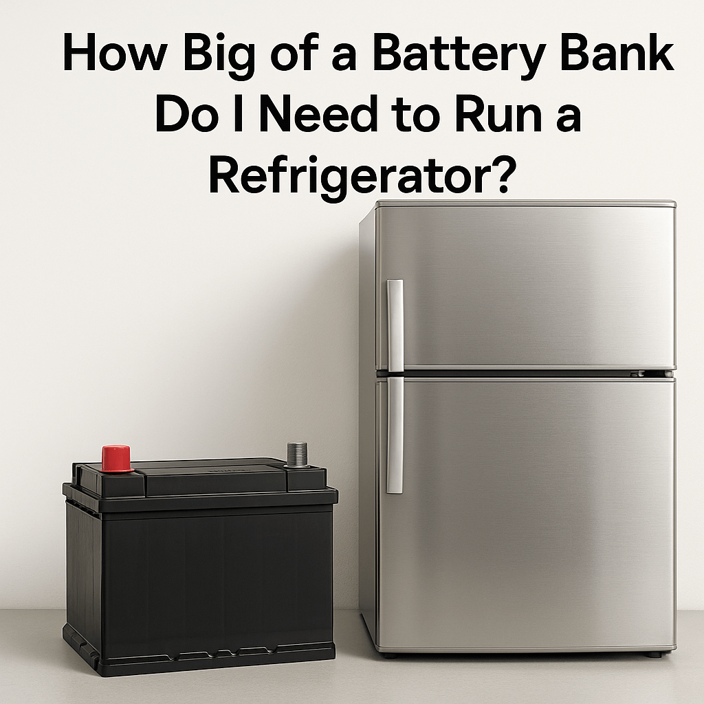 Image of a silver refrigerator next to a black battery on a white background with text that reads "How Big of a Battery Bank Do I Need to Run a Refrigerator?"