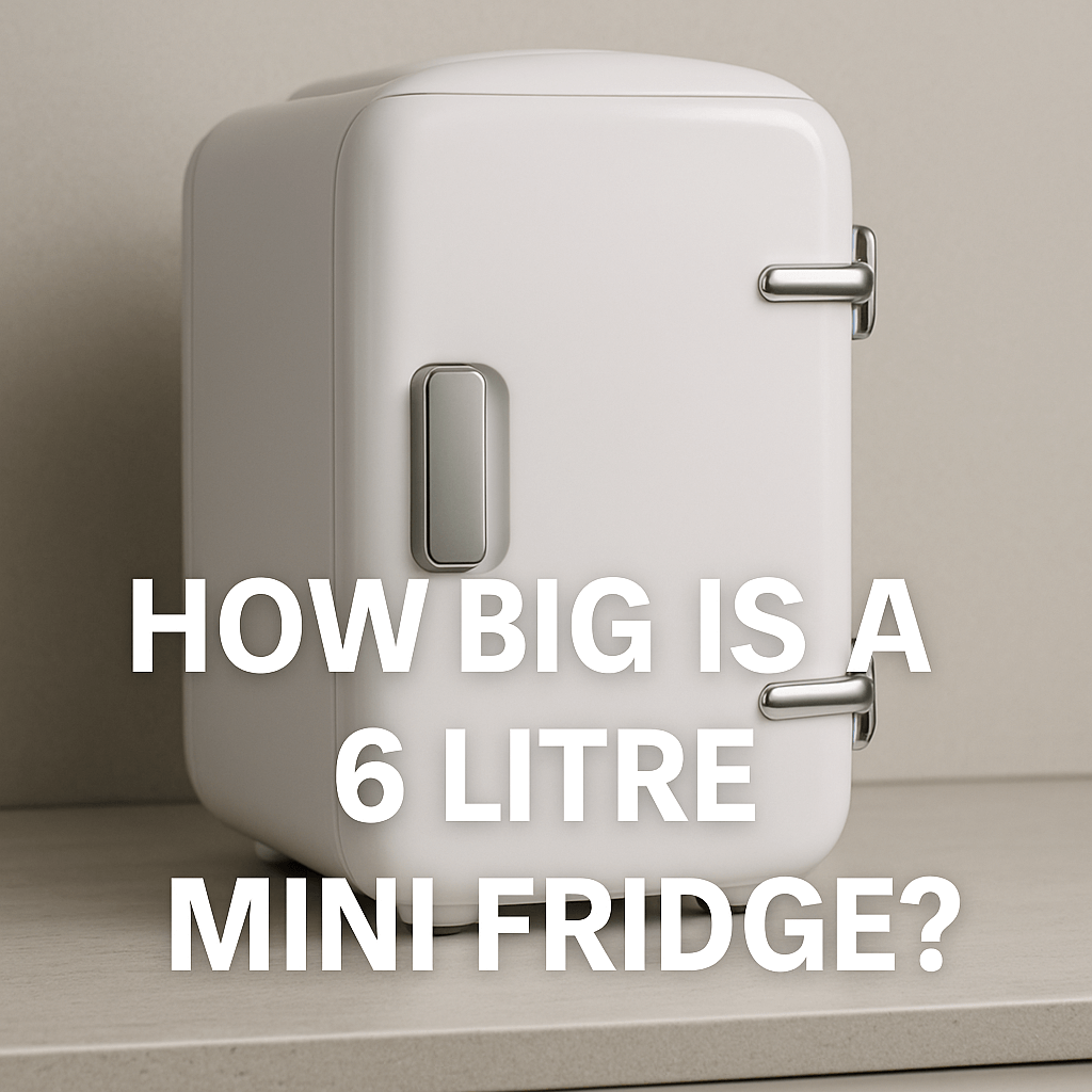 6-litre mini fridge on a countertop, with soft grey lighting and text overlay reading "How Big is a 6 Litre Mini Fridge?"