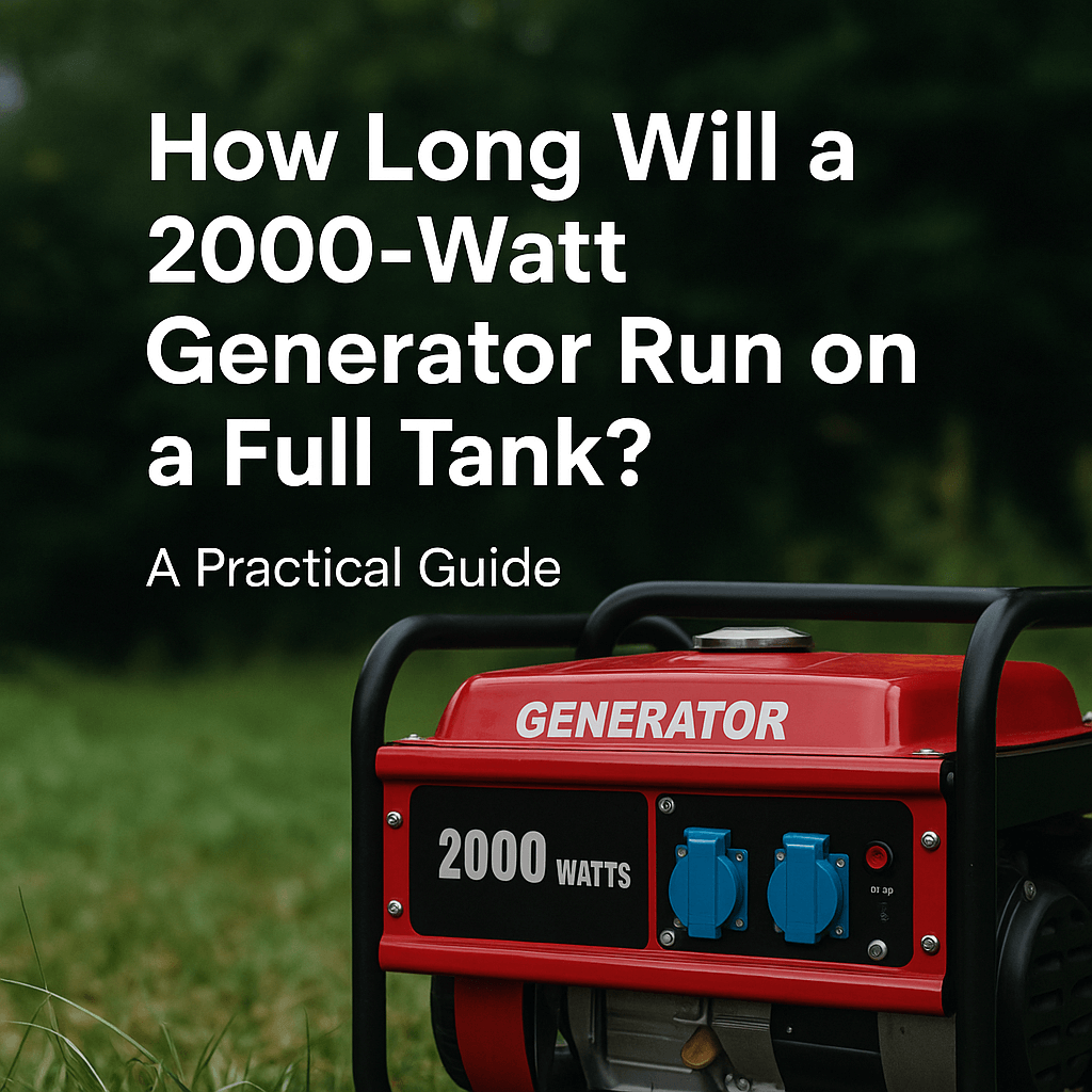 Red 2000-watt portable generator on green grass with forest background, text overlay reads "How Long Will a 2000-Watt Generator Run on a Full Tank? A Practical Guide".