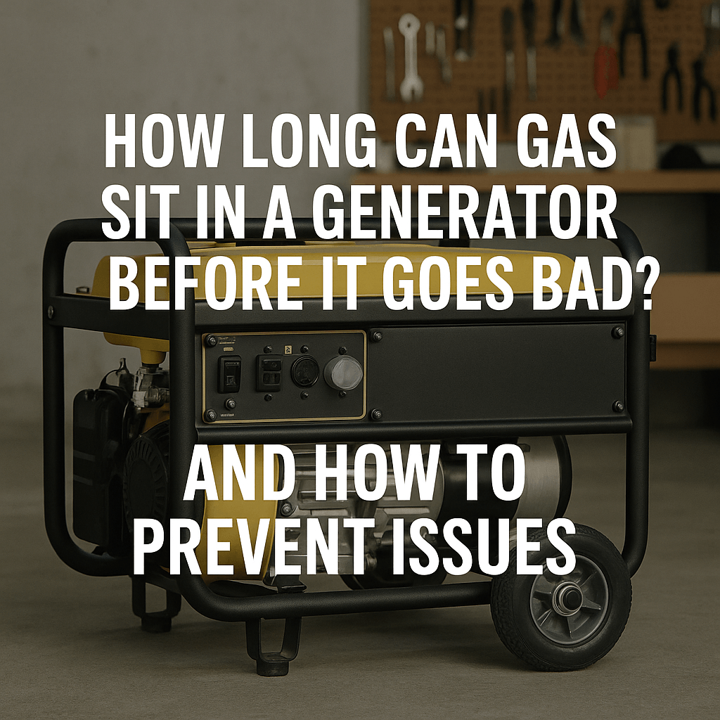 A portable petrol generator in a workshop with the text "How long can gas sit in a generator before it goes bad? And how to prevent issues" displayed across the image.