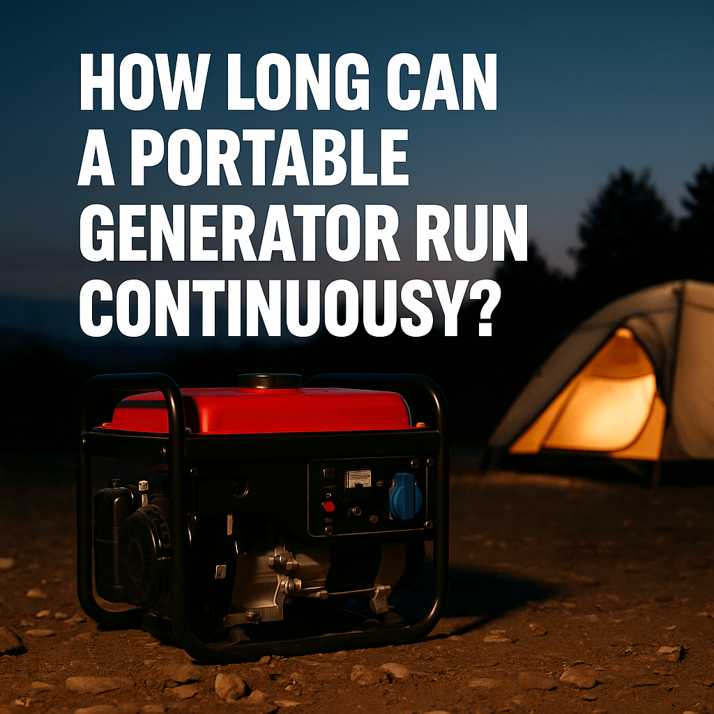 Portable generator on rocky ground at dusk with a glowing tent in the background and the text "How Long Can a Portable Generator Run Continuously?" displayed.