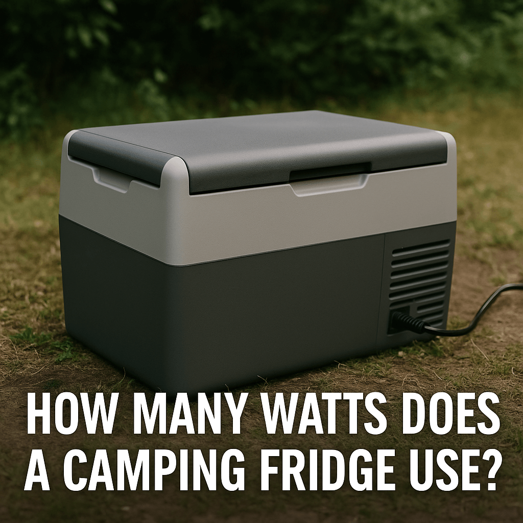 Portable camping fridge on grass with power cable plugged in. Text overlay reads: ‘How Many Watts Does a Camping Fridge Use?’