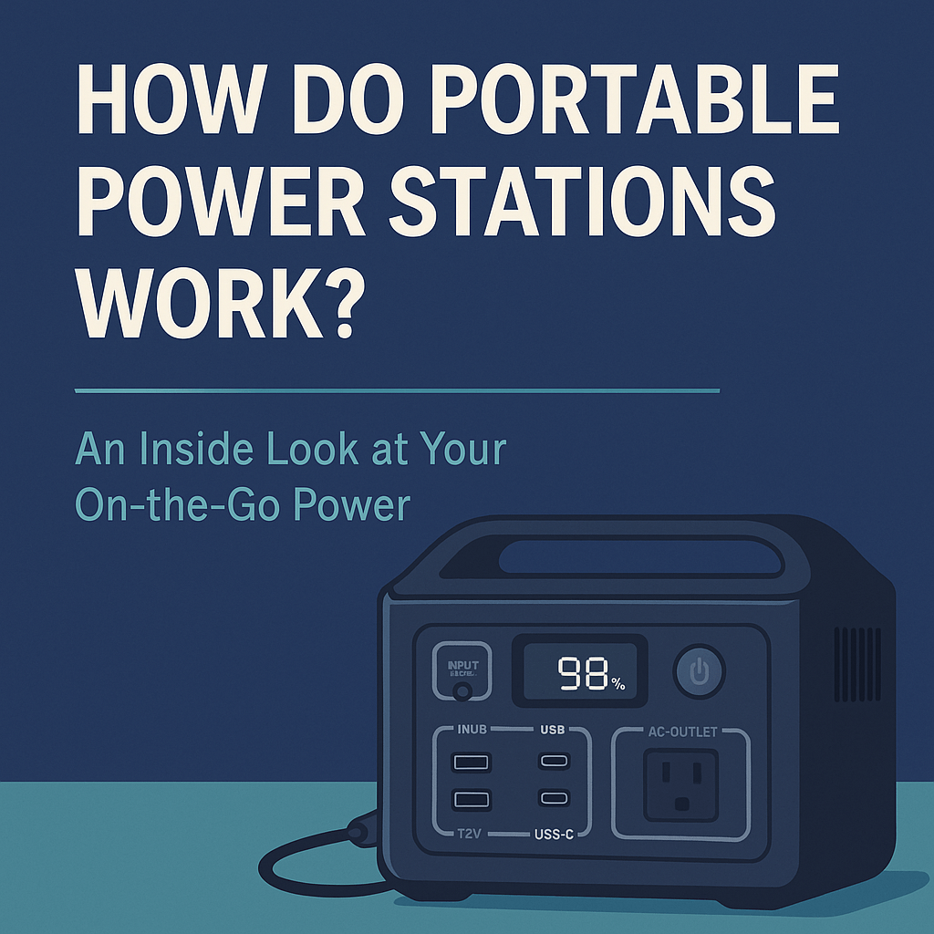 Cartoonized portable power station with display and ports, under the title 'How Do Portable Power Stations Work?' on a blue background.