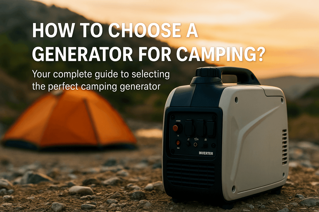 Portable inverter generator on rocky campsite at sunset with an orange tent in the background and overlay text reading "How to Choose a Generator for Camping?"