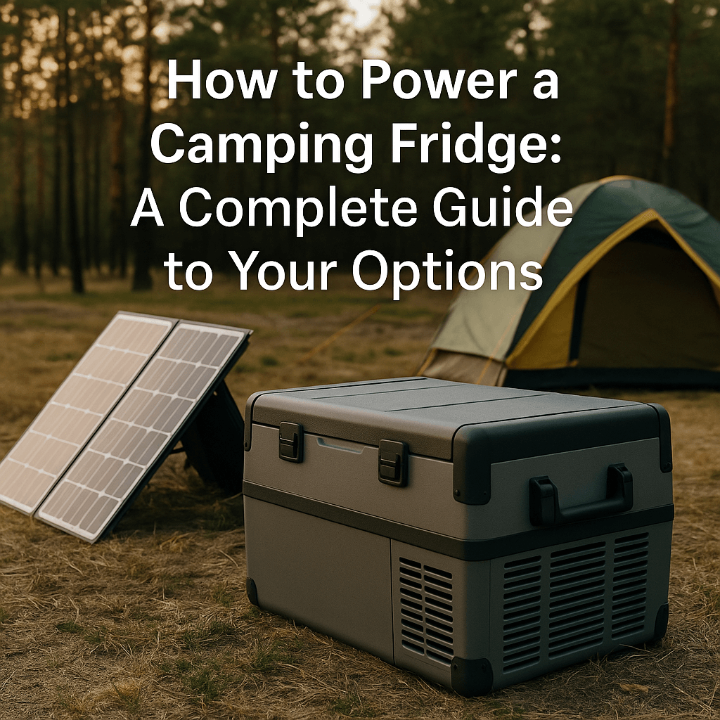 Camping fridge with solar panel and tent in a forest clearing, titled “How to Power a Camping Fridge: A Complete Guide to Your Options.”
