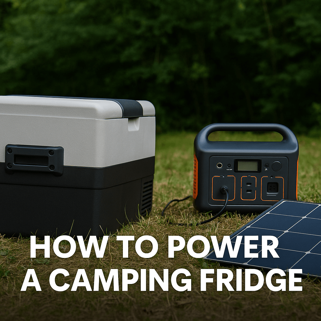 A power equipment and a portable camping fridge on green grass in a forest, showing a solar panel and battery pack connected to the fridge with the text "How to Power a Camping Fridge".