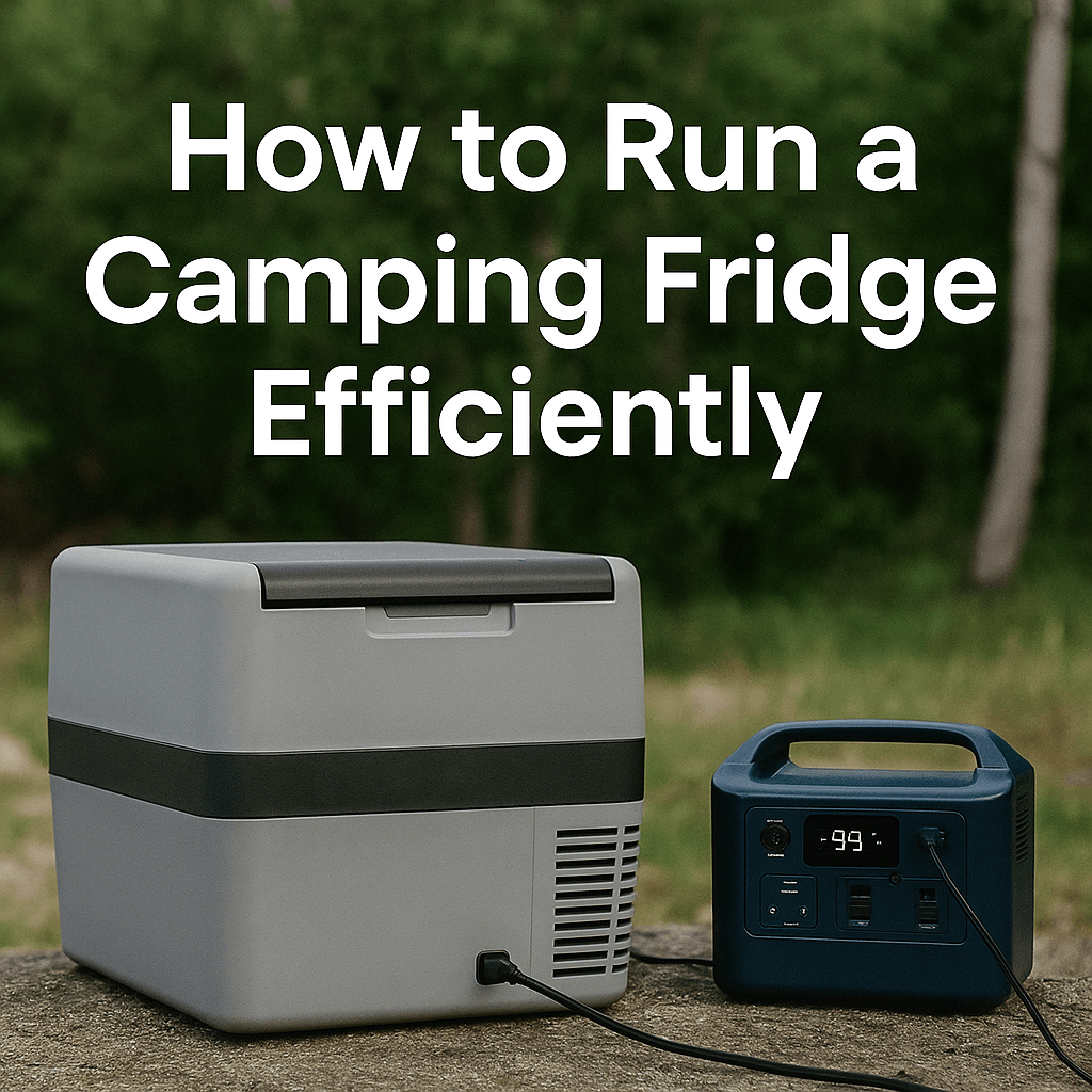 Camping fridge connected to a portable power station outdoors with forest background, under the title "How to Run a Camping Fridge Efficiently".