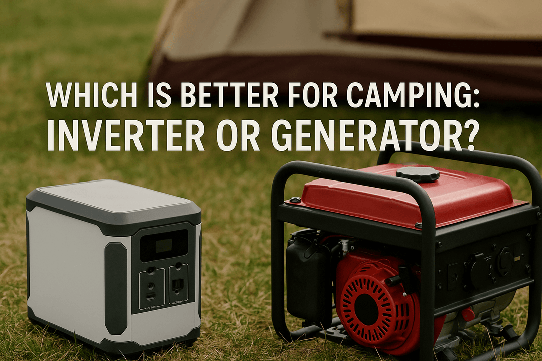 ortable inverter and traditional generator side by side on grass in front of a camping tent, with text "Which is better for camping: Inverter or Generator?"