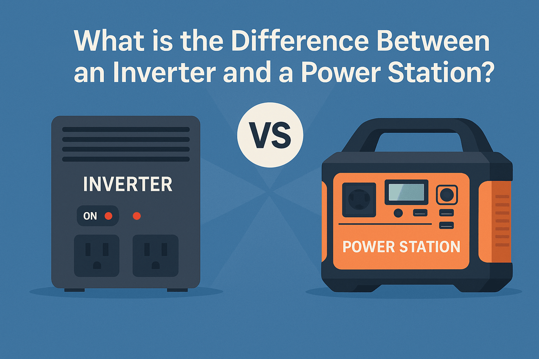 Illustration comparing an inverter and a portable power station on a blue background, with bold text reading “What is the Difference Between an Inverter and a Power Station?”
