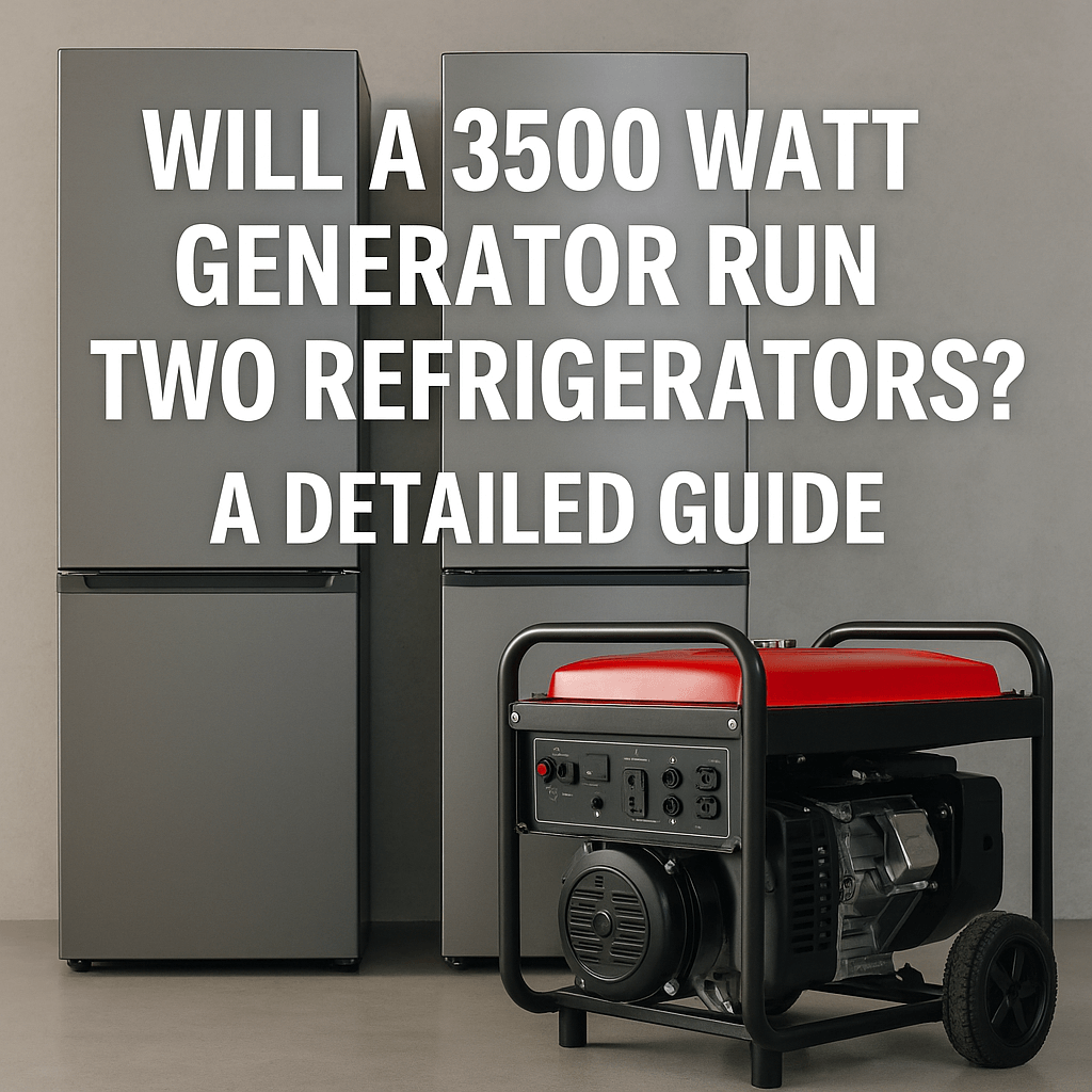 A portable 3500-watt generator positioned in front of two modern grey refrigerators, with text overlay reading "Will a 3500 Watt Generator Run Two Refrigerators? A Detailed Guide" on a neutral indoor background.