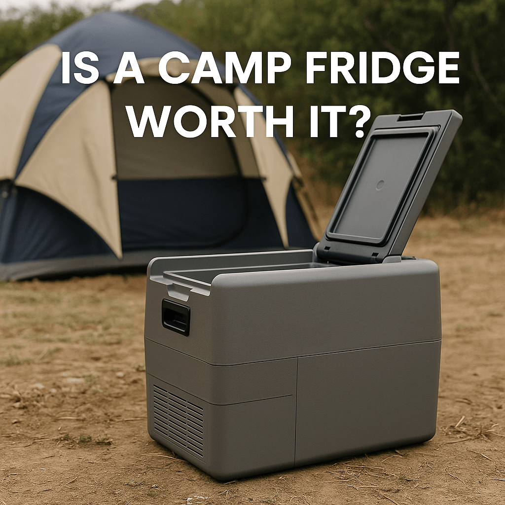 A grey camping refrigerator set on dry ground beside a tent, with bold white text that reads “Is a Camp Fridge Worth It?