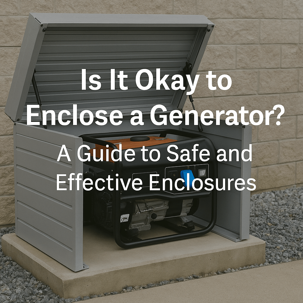 A portable generator inside a metal enclosure with the lid open, placed on a concrete base against a brick wall, with text overlay reading "Is It Okay to Enclose a Generator? A Guide to Safe and Effective Enclosures."