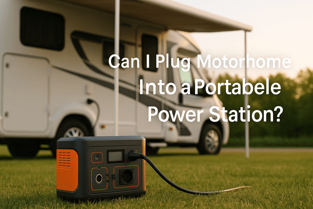 ortable power station connected to a motorhome on a grassy campsite during sunset.