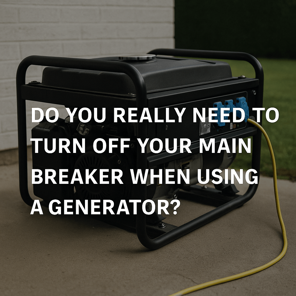 Portable generator on a patio with yellow extension cord, near a white brick wall and lawn, with overlaid text: "DO YOU REALLY NEED TO TURN OFF YOUR MAIN BREAKER WHEN USING A GENERATOR?"