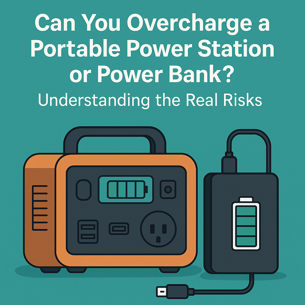 Cartoon image of a portable power station and power bank with charging icons, under the title 'Can You Overcharge a Portable Power Station or Power Bank?'