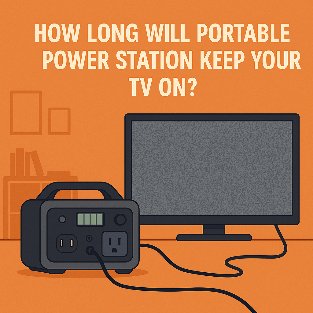 Image of a portable power station connected to a TV in a living room, with the text 'How long will portable power station keep your TV on?' on an orange background'.