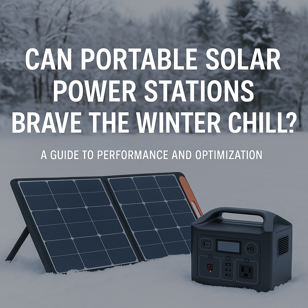 Portable solar power station and foldable solar panels set up in snowy winter landscape with trees in the background.